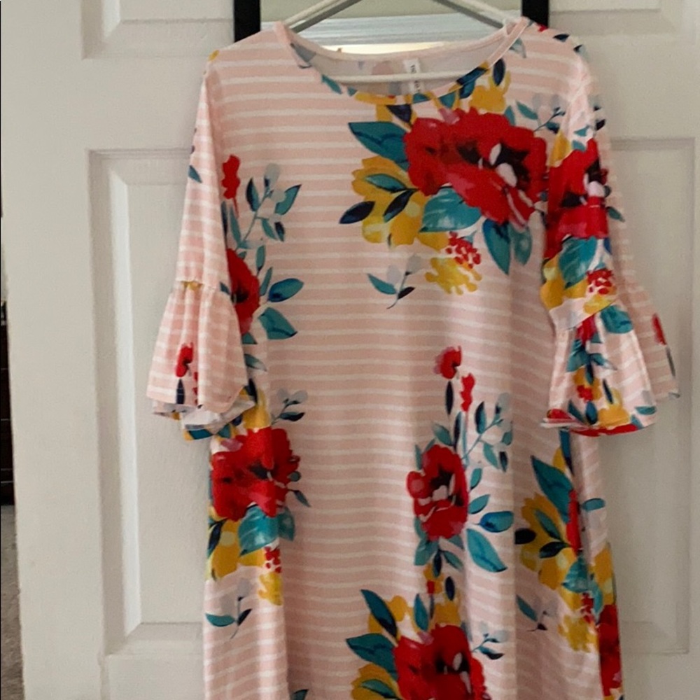 Tickled Teal Pink/White stripped & floral dress